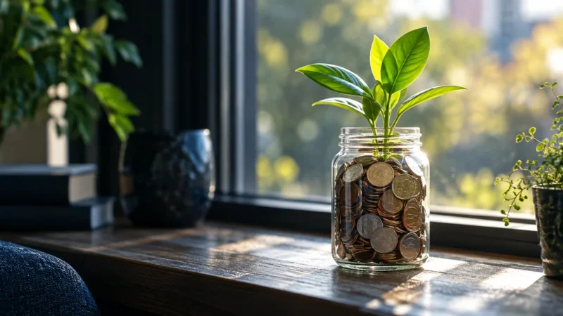 Glass jar of coins with a sprouting plant, for PPC tips for higher returns