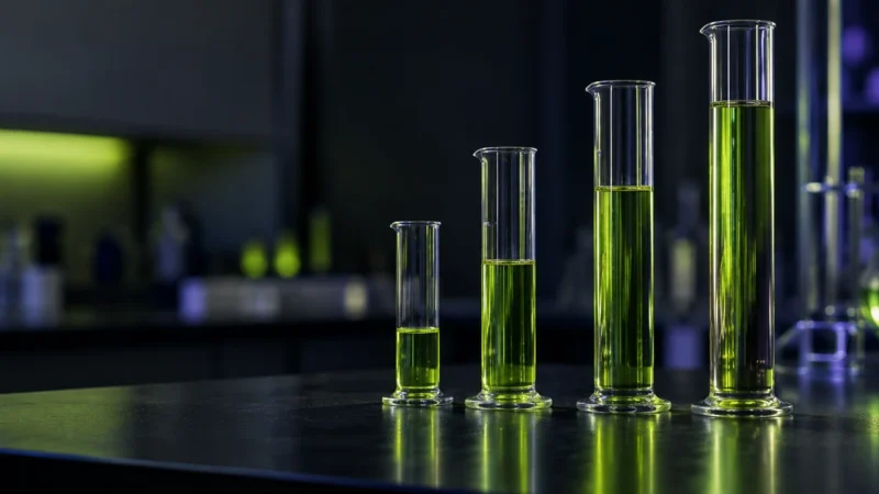 Glass cylinders filled to different levels, for good ROAS benchmarks in ecommerce