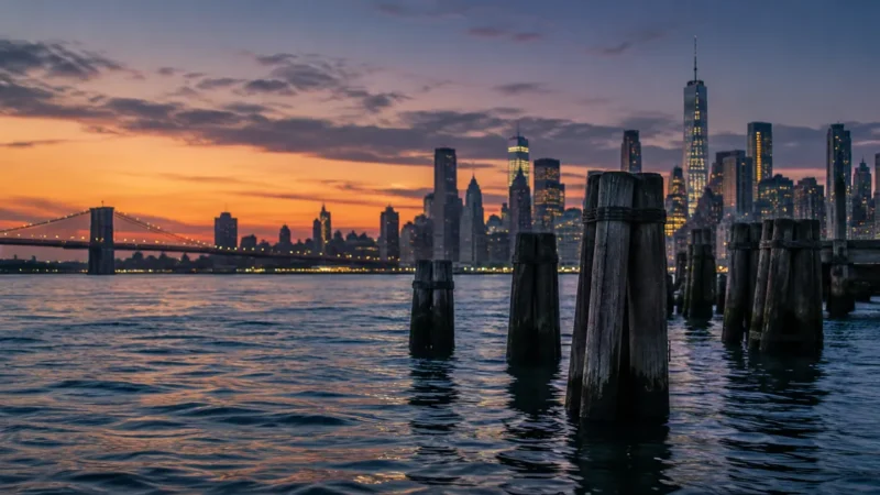 Brooklyn waterfront pier pilings at sunset, for a Brooklyn SEO company guide
