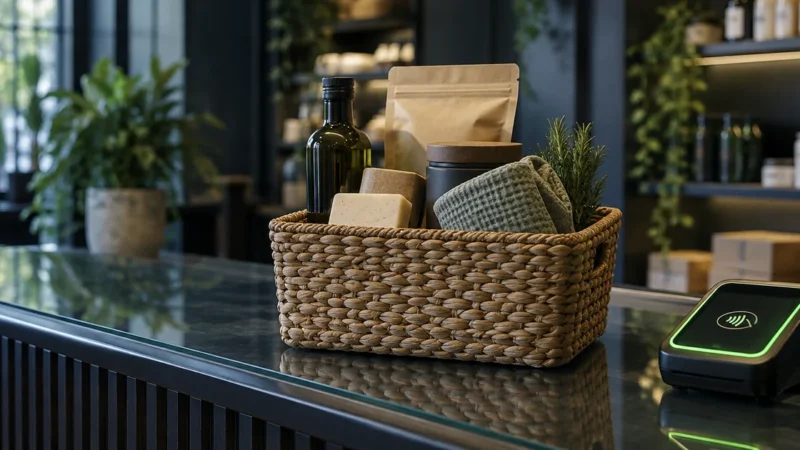 Shopping basket beside a glowing card reader, for Google Shopping ads management