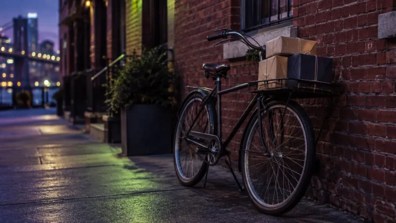 Courier bicycle loaded with parcels against a brick wall, for an ecommerce PPC agency in New York