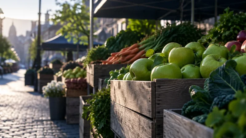 Crates of fresh green apples at a farmers market, showing why feed quality decides Google Shopping results