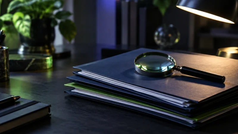 Magnifying glass on a stack of proposal folders, for questions to ask an ecommerce PPC agency