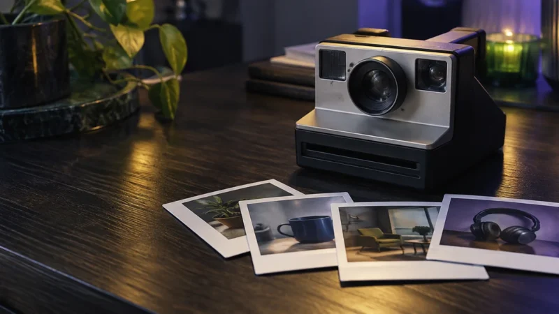 Instant camera with product photos on a table, for Facebook and Instagram ads for New York ecommerce