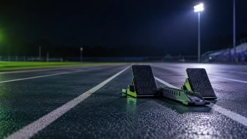 Starting blocks on a running track at night, for what New York ad spend competes against
