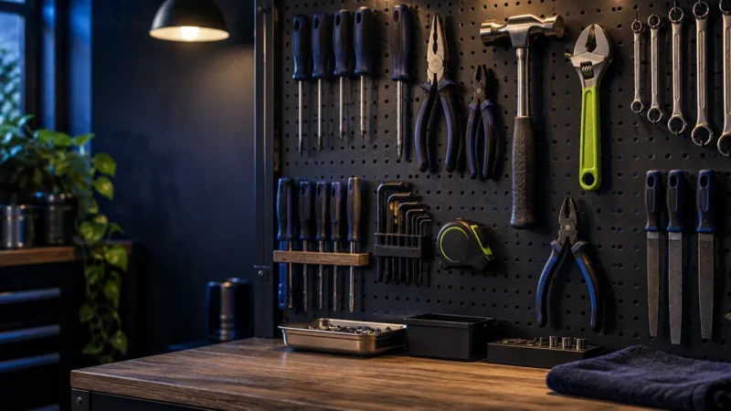 Organized pegboard tool wall, showing a full ecommerce Google Ads management system