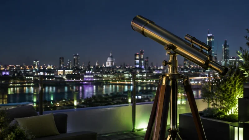Brass telescope on a rooftop aimed at a city skyline, for search marketing strategy in New York
