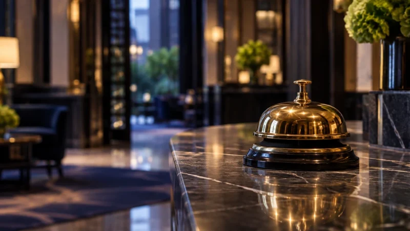 Brass service bell on a marble counter, for pay per click services in New York