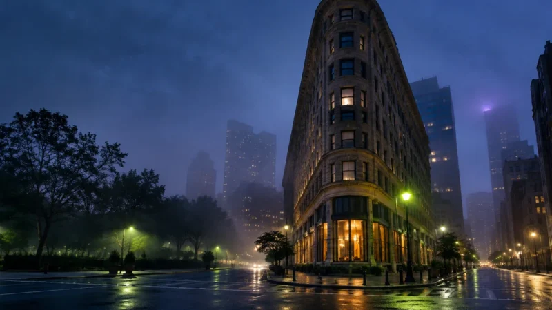 Wedge shaped skyscraper on a misty New York morning, for a PPC agency NYC guide