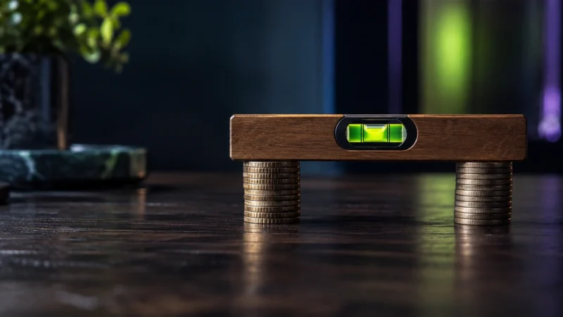 Spirit level balanced on two coin stacks, for breaking even on Meta ads for ecommerce