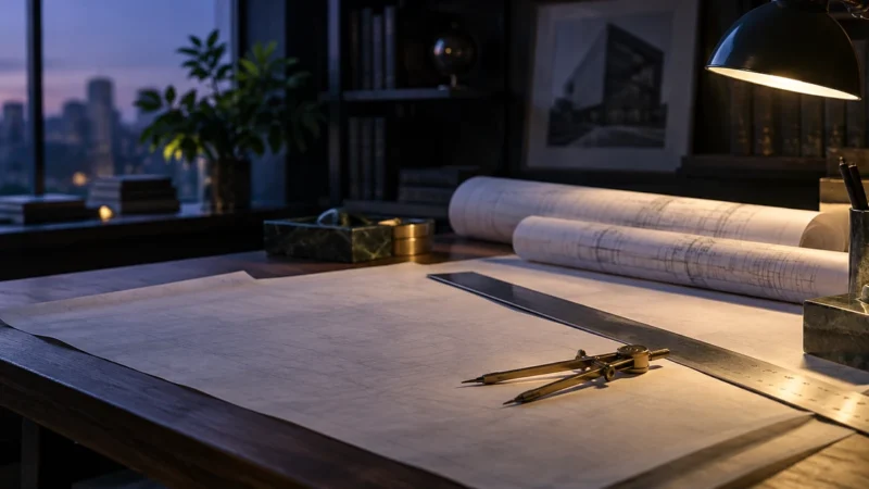 Drafting table with blueprints and a brass compass, for a 2026 ecommerce PPC strategy plan