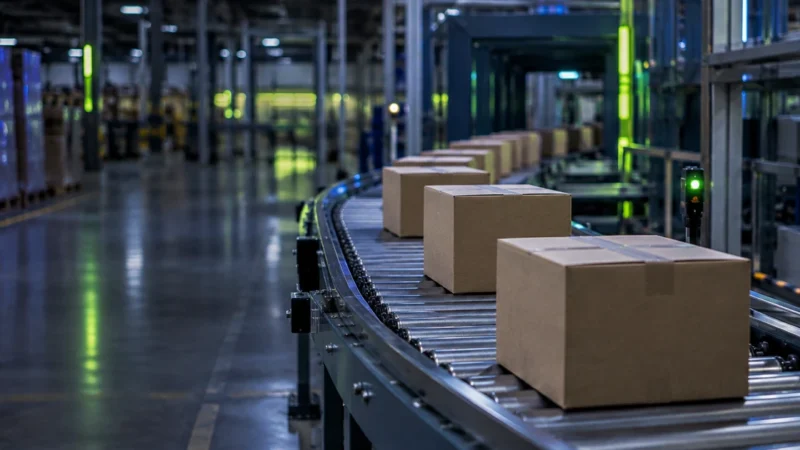 Conveyor belt carrying evenly spaced boxes, showing why the product feed comes first in Google Shopping