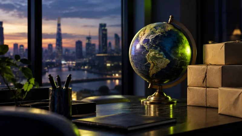 Desk globe beside stacked parcels at dusk, for international SEO across multiple markets