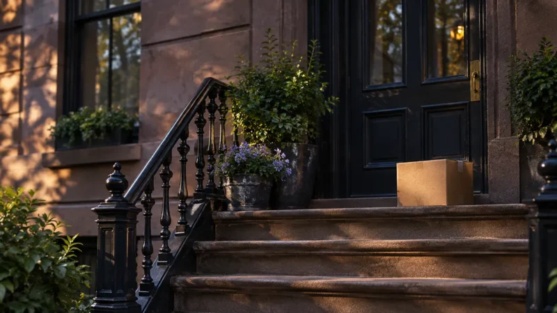 Brooklyn brownstone stoop with a delivered parcel, for local SEO for New York ecommerce brands
