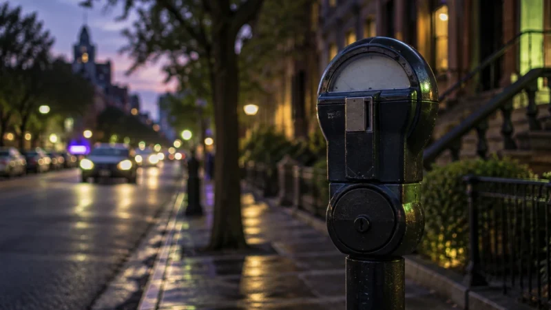 Coin parking meter on a Manhattan sidewalk at dusk, for PPC management services in New York
