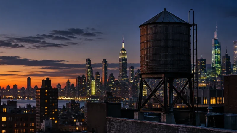 New York rooftop water tower at sunset, for a guide to SEO agencies in New York