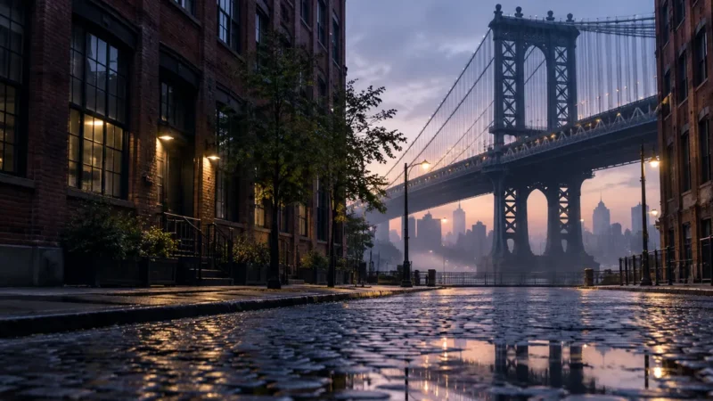 Brooklyn cobblestone street framing a bridge at dawn, for a Brooklyn SEO agency guide
