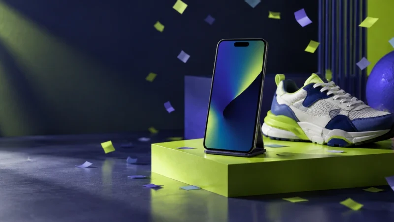 Phone on a stand beside a sneaker with confetti in the air, for a full funnel short video ads strategy