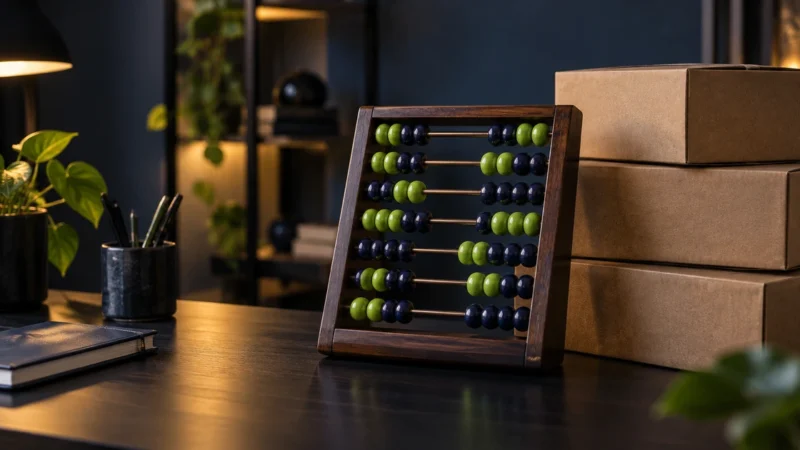 Wooden abacus beside a stack of shipping boxes, for a margin first marketplace PPC strategy