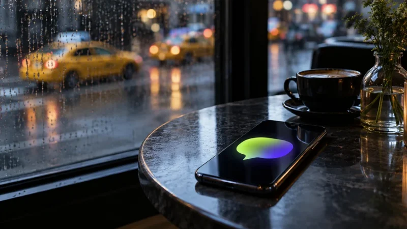 Phone on a New York cafe table by a rainy window with blurred taxis, for answer engine optimization in New York