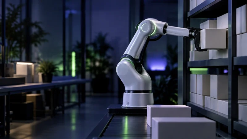 White robotic arm placing a product box on a shelf, for a guide to AI agents for marketplace listings and ads