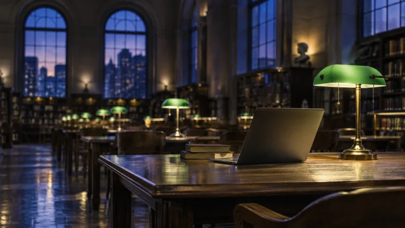 Library reading room with green brass lamps and a laptop, for a New York ecommerce SEO agency guide