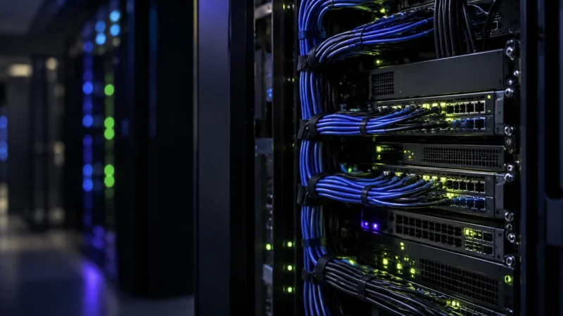 Neatly cabled server rack with glowing lights, for a Shopify Google Ads infrastructure guide