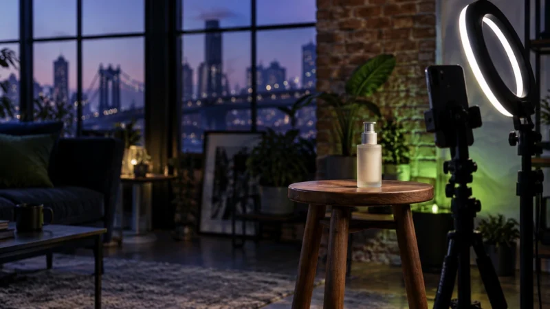 Ring light and phone on a tripod filming a product in a Brooklyn loft, for a short video ads agency guide