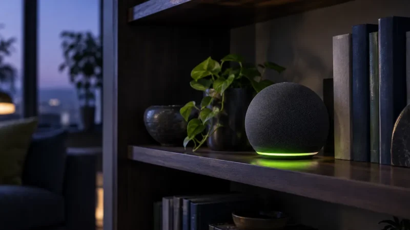 Smart speaker with a glowing ring on a bookshelf, illustrating answer engine optimization for AI search