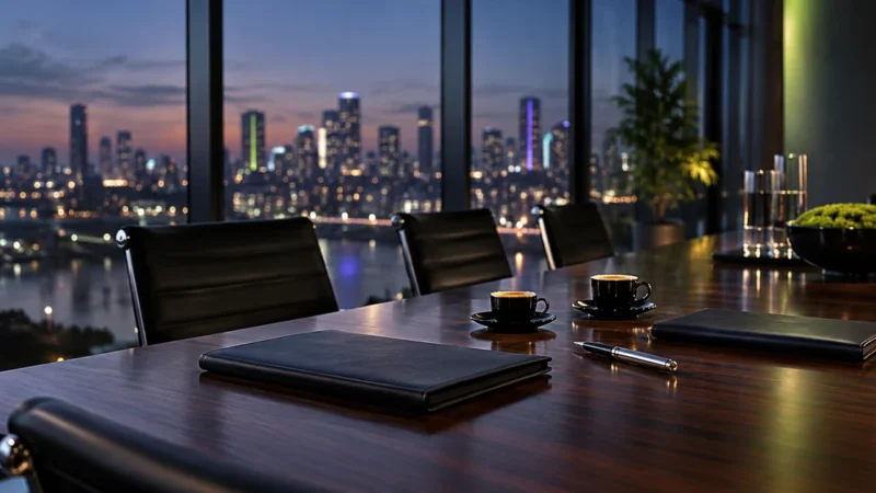 Walnut boardroom table with two leather portfolios and a fountain pen at dusk, for a B2B PPC agency guide