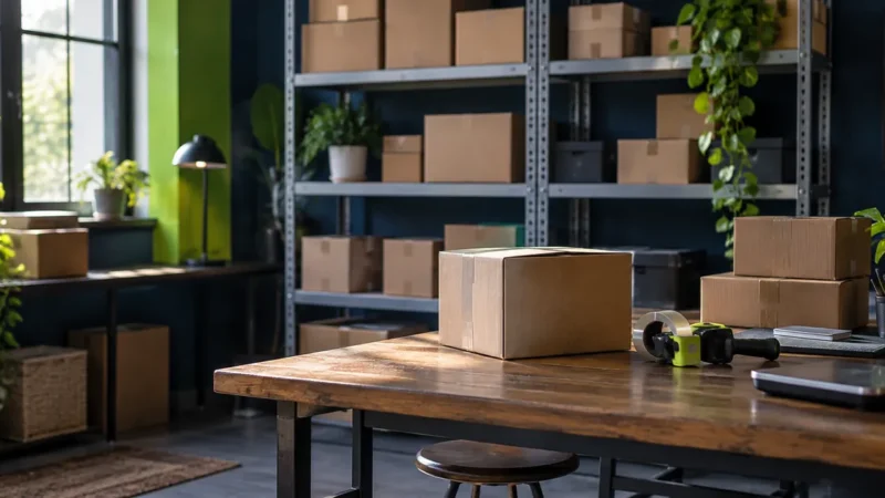 Small business stockroom with boxed inventory and a packing table for selling on Walmart Marketplace