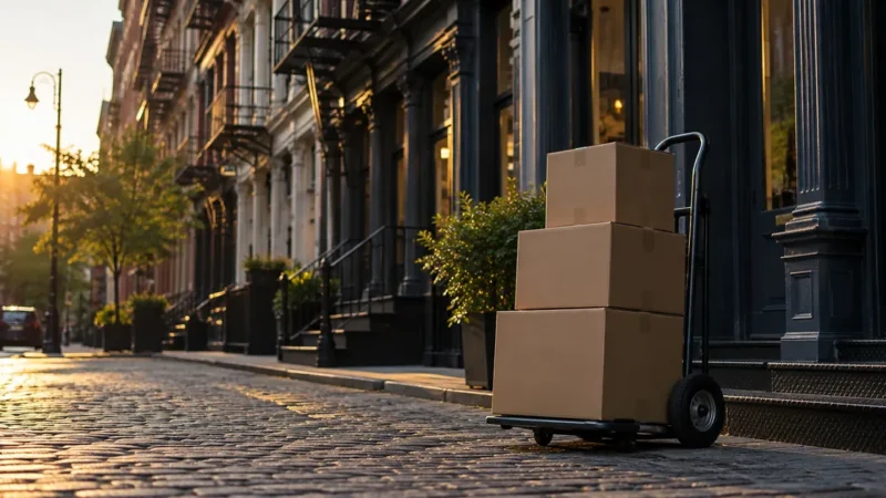 SoHo cast iron buildings with a hand truck of shipping boxes, for a New York ecommerce marketing agency guide