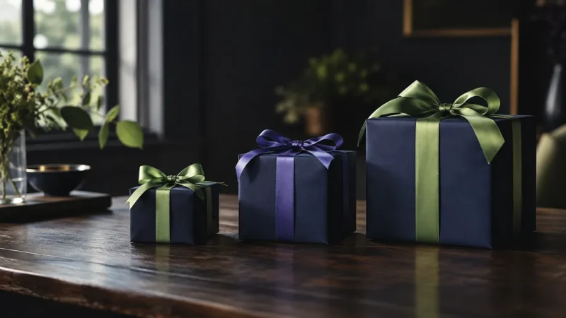 Three wrapped gift boxes of increasing size representing ecommerce SEO packages