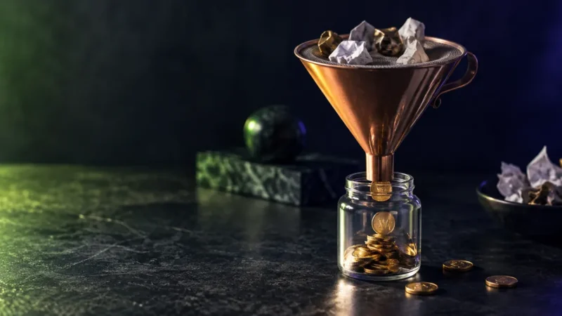 Copper funnel letting coins through while a mesh blocks paper scraps, illustrating Google Ads negative keywords