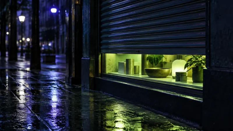 Half closed shop shutter over a lit product display at night, illustrating a Google Merchant Center suspension