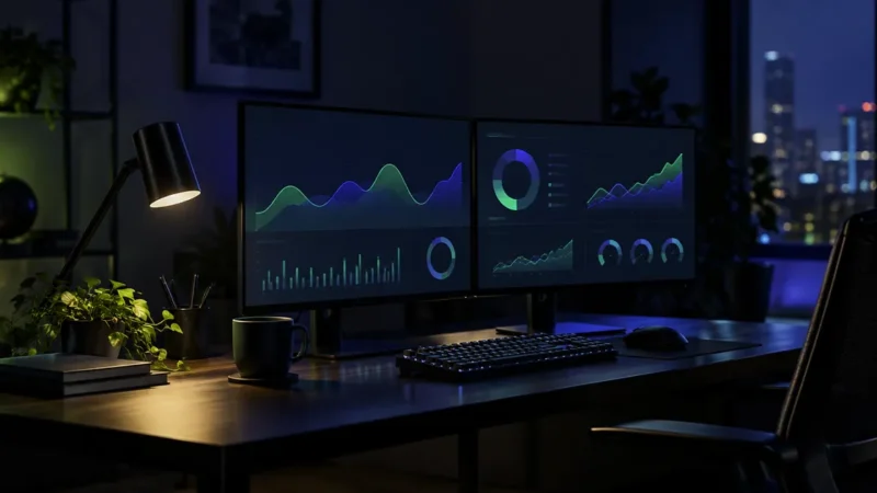 Dual monitor desk at night showing PPC campaign dashboards