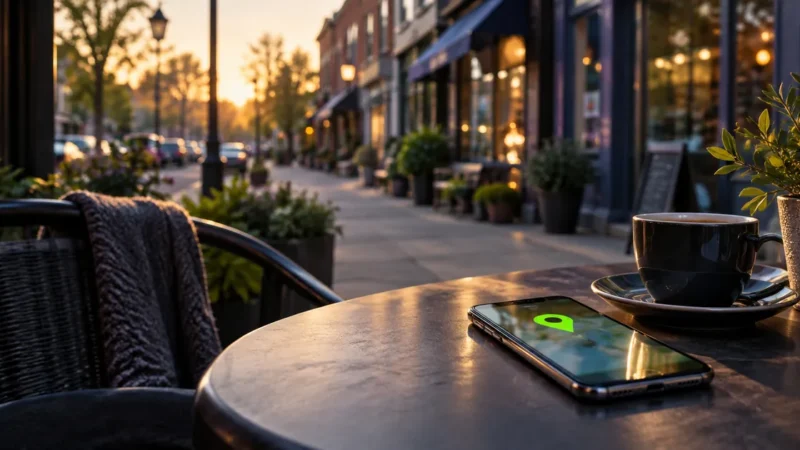 Main street shops at golden hour with a phone showing a map pin, illustrating local PPC
