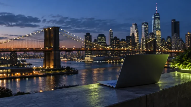 Brooklyn Bridge at blue hour with a laptop on a rooftop ledge for New York Performance Max ecommerce