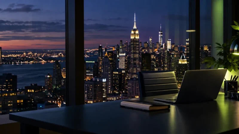 Manhattan skyline at dusk from a modern office for a guide to PPC agencies in NYC