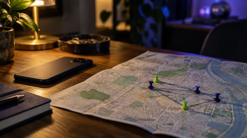 City map with pushpins clustered in one area, illustrating geo targeted PPC