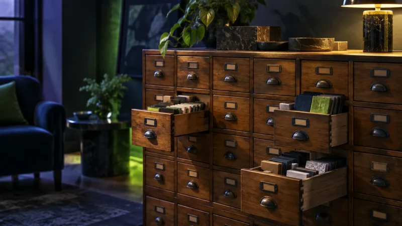 Wooden card catalogue cabinet with open drawers of product samples, explaining Google Merchant Center