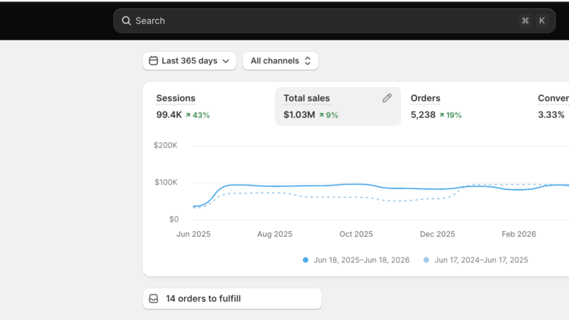 Shopify analytics dashboard showing the store overview and sales trend