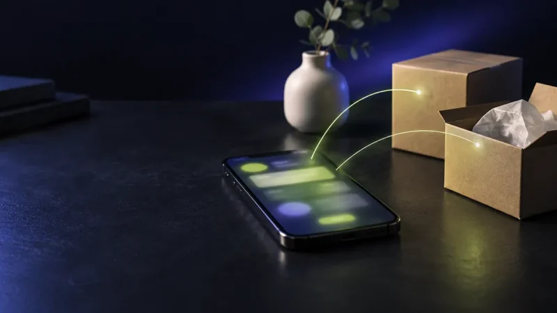 Smartphone with light lines linking to shipping boxes, illustrating Google AI Overviews links to online stores