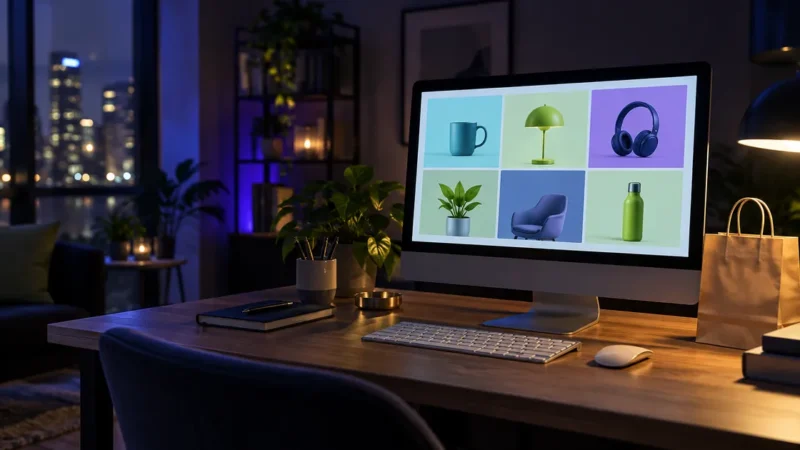 Home office monitor showing a grid of product tiles for Microsoft Bing Shopping ads