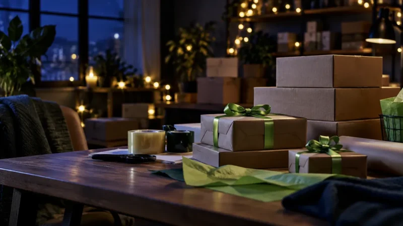 Ecommerce packing station stacked with holiday shipping boxes for Black Friday advertising