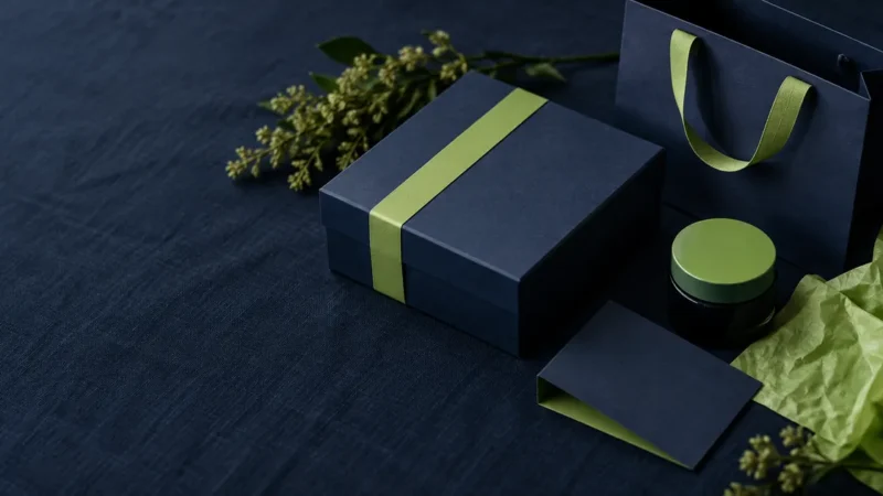 Matching indigo and lime packaging set illustrating ecommerce brand strategy