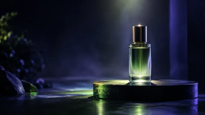 Premium skincare bottle under a spotlight on a stage podium for an ecommerce product launch