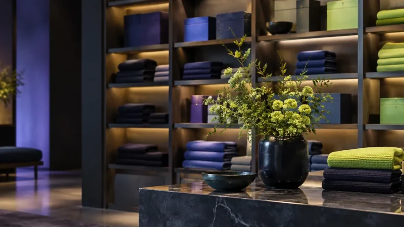 Boutique shelves with products sorted by color and size, illustrating faceted navigation SEO