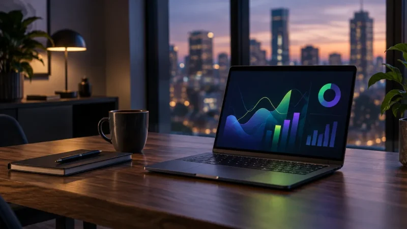 Laptop on a desk showing colorful analytics charts for GA4 ecommerce tracking