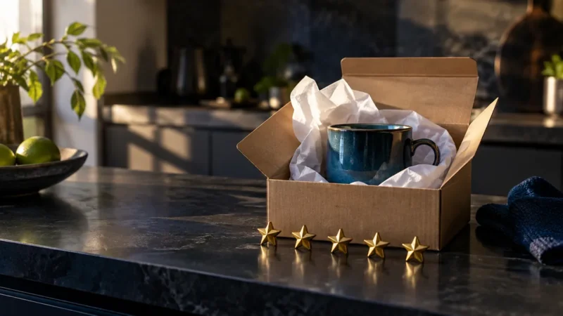 Opened delivery box with a mug and five gold stars, illustrating Google product ratings